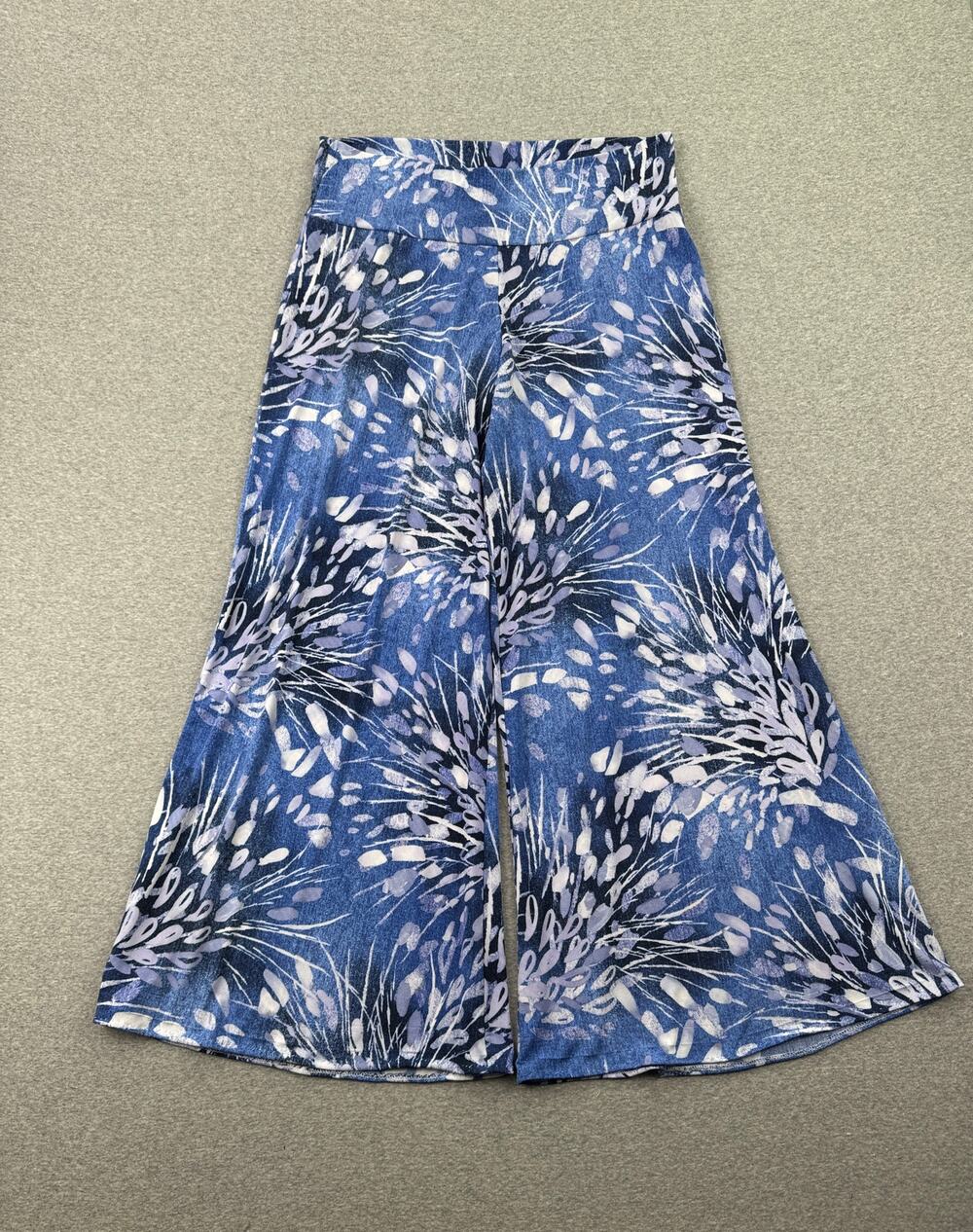 Clara Sun Woo Abstract Wide Leg Pants Womens XL Blue Floral Pull-On Stretchy
